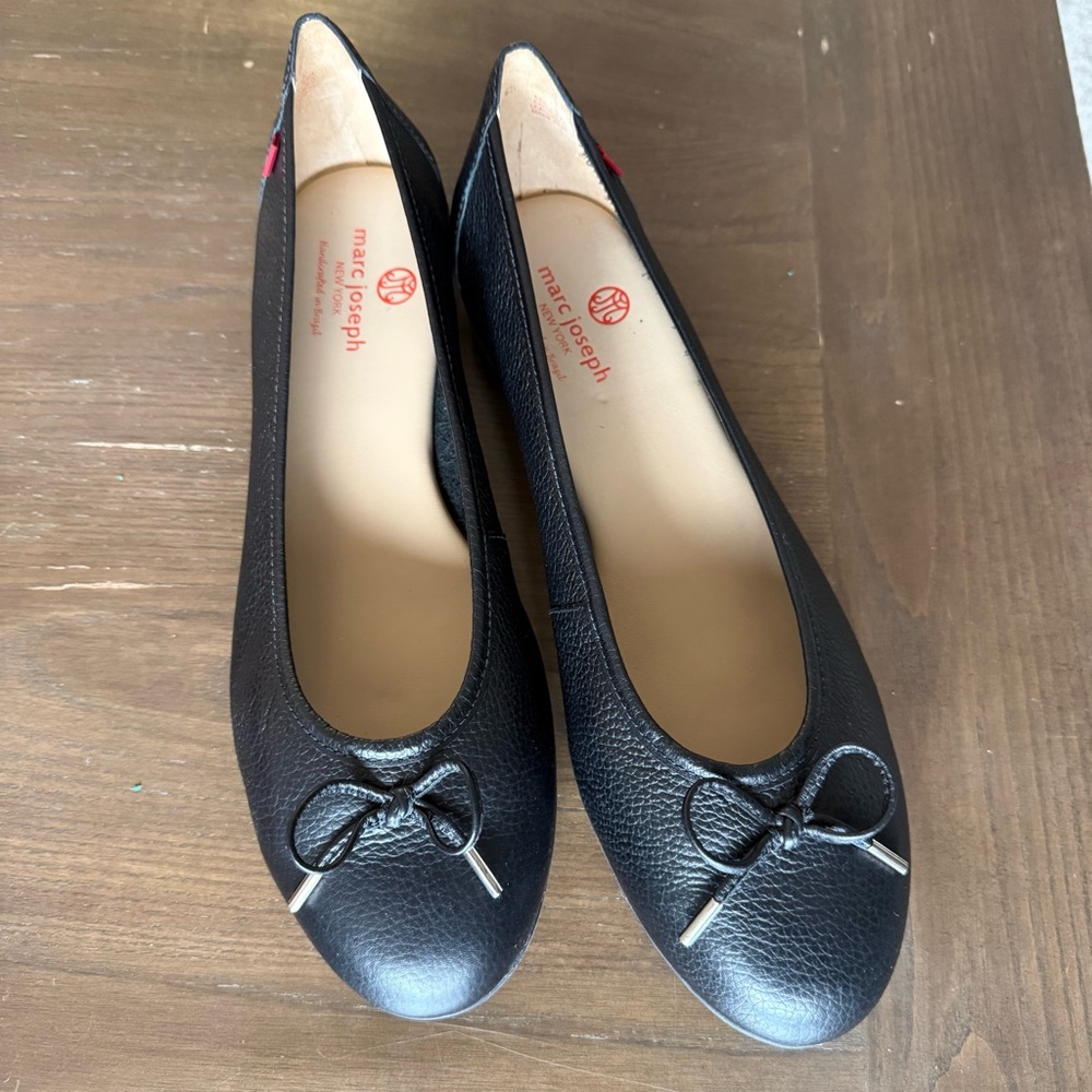 Marc Joseph NY Black Pebbled Leather Ballet Flats Bow Comfort Shoes Size 10